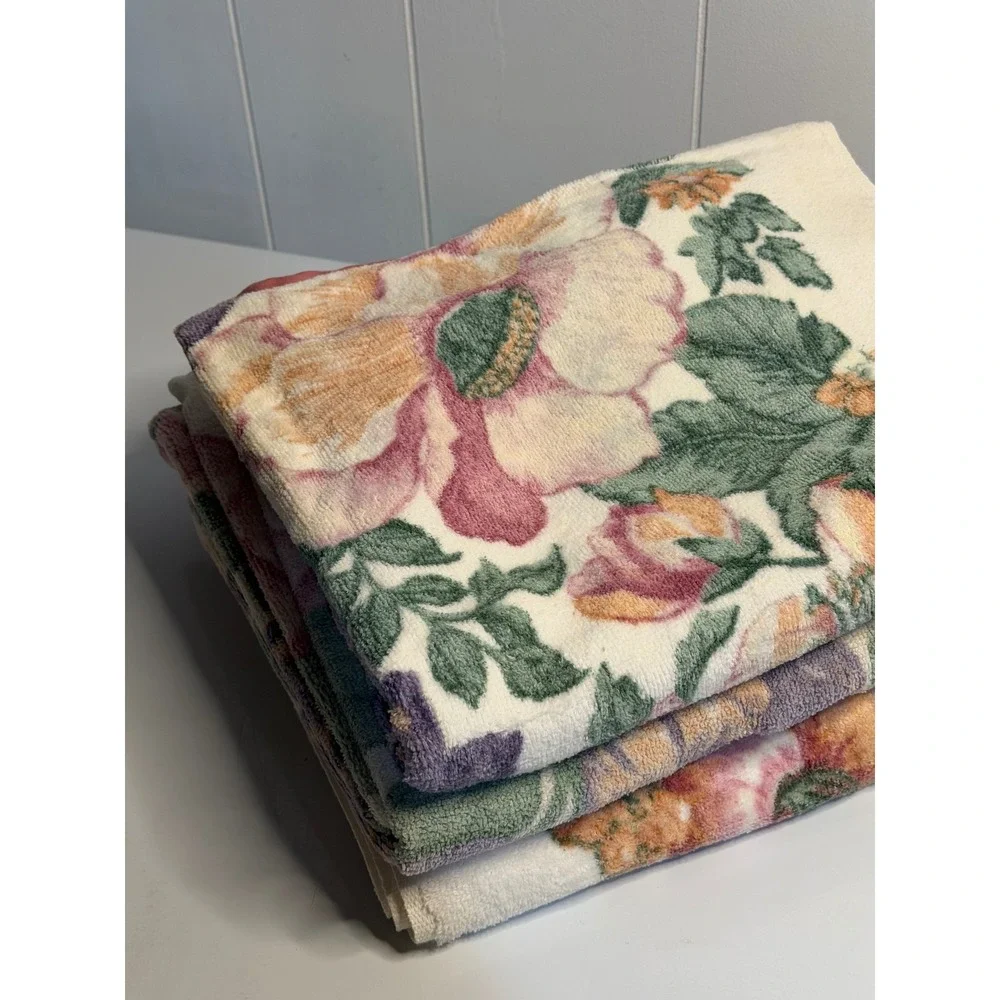 VTG Bath Towels Floral Pink Purple Orange Cream Botanical Garden‎ Set of 3 Retro